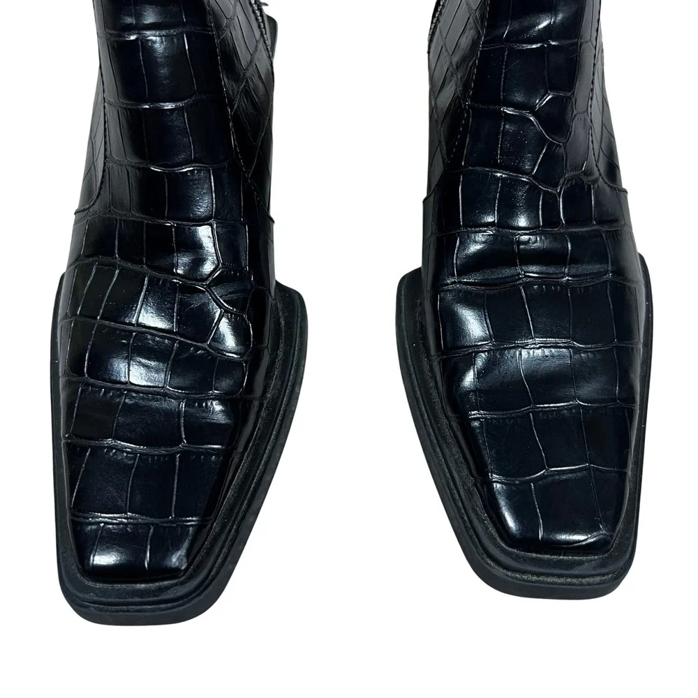 Zara Croc Embossed Square Toe Ankle Boots Black Architectural Heel Size 38 / 7.5